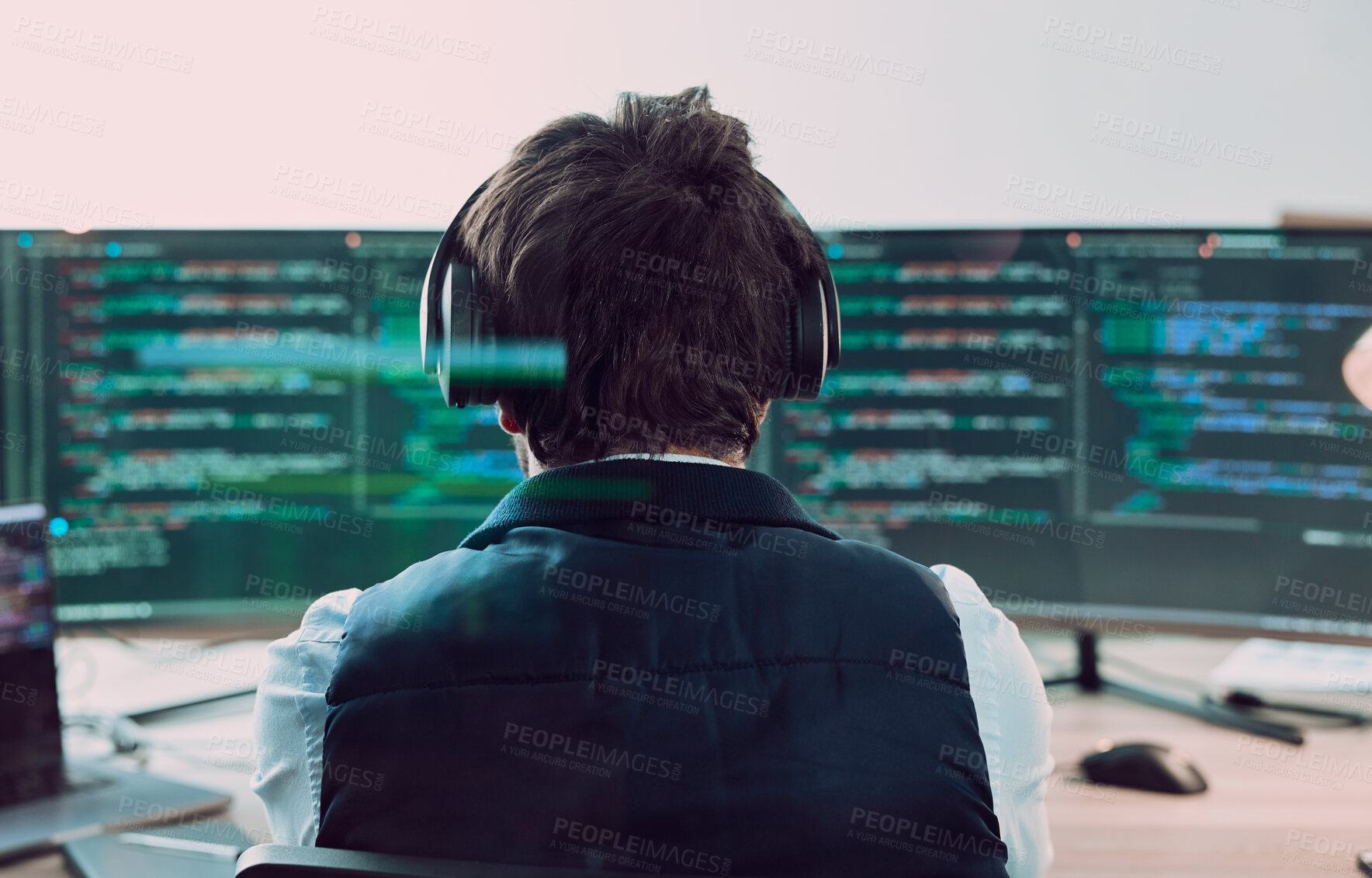 Buy stock photo Coding, computer screen with man, programmer and web design, software update with information technology and code. Cybersecurity, ux and wifi, headphones and cyber space with programming back view