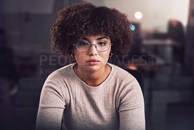 Buy stock photo Night, office and focus of black woman programmer, software developer and cybersecurity internship. Reading, analysis and USA person working with network monitor, information technology and research