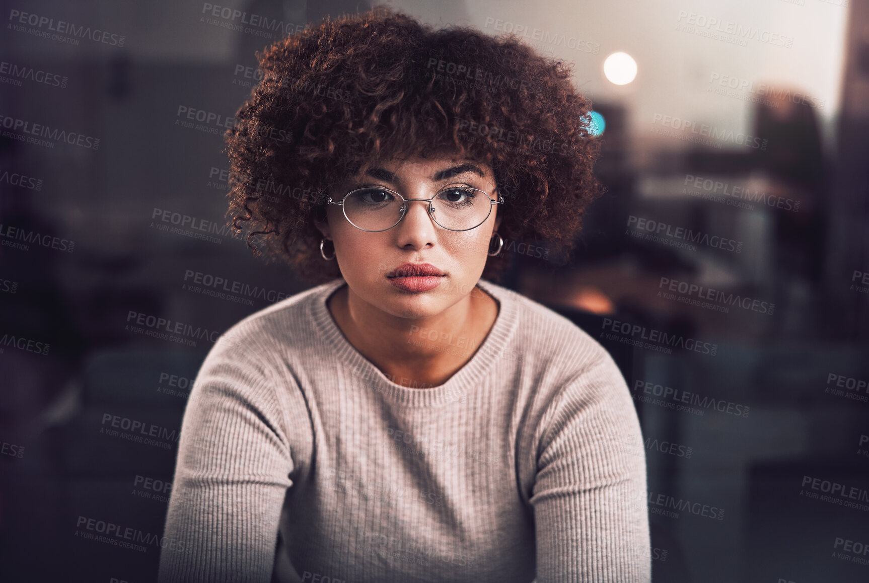 Buy stock photo Night, office and focus of black woman programmer, software developer and cybersecurity internship. Reading, analysis and USA person working with network monitor, information technology and research