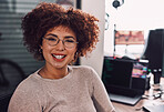 Portrait, programmer and smile of woman in office ready for programming or coding. Information technology, developer and face of happy female coder from South Africa with glasses and success mindset.