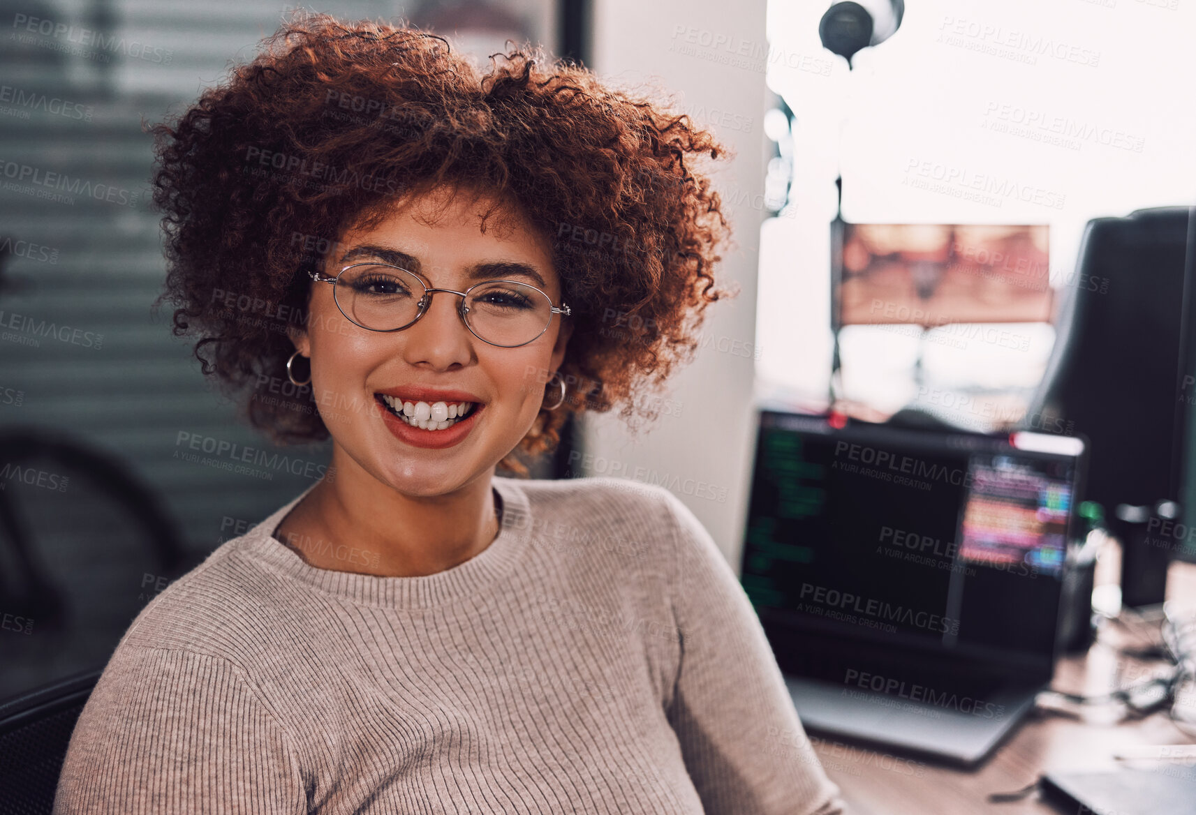 Buy stock photo Portrait, programmer and smile of woman in office ready for programming or coding. Information technology, developer and face of happy female coder from South Africa with glasses and success mindset.