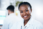 Portrait, scientist and smile of black woman in laboratory ready for medical healthcare. Science, innovation and face of happy, proud and confident female doctor, researcher or expert from Nigeria.