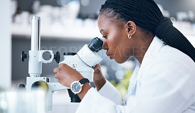 Buy stock photo Black woman, medical science and microscope in laboratory for research, analytics and medicine. Woman, doctor and scientist study at work for an investigation, healthcare and futuristic or innovation