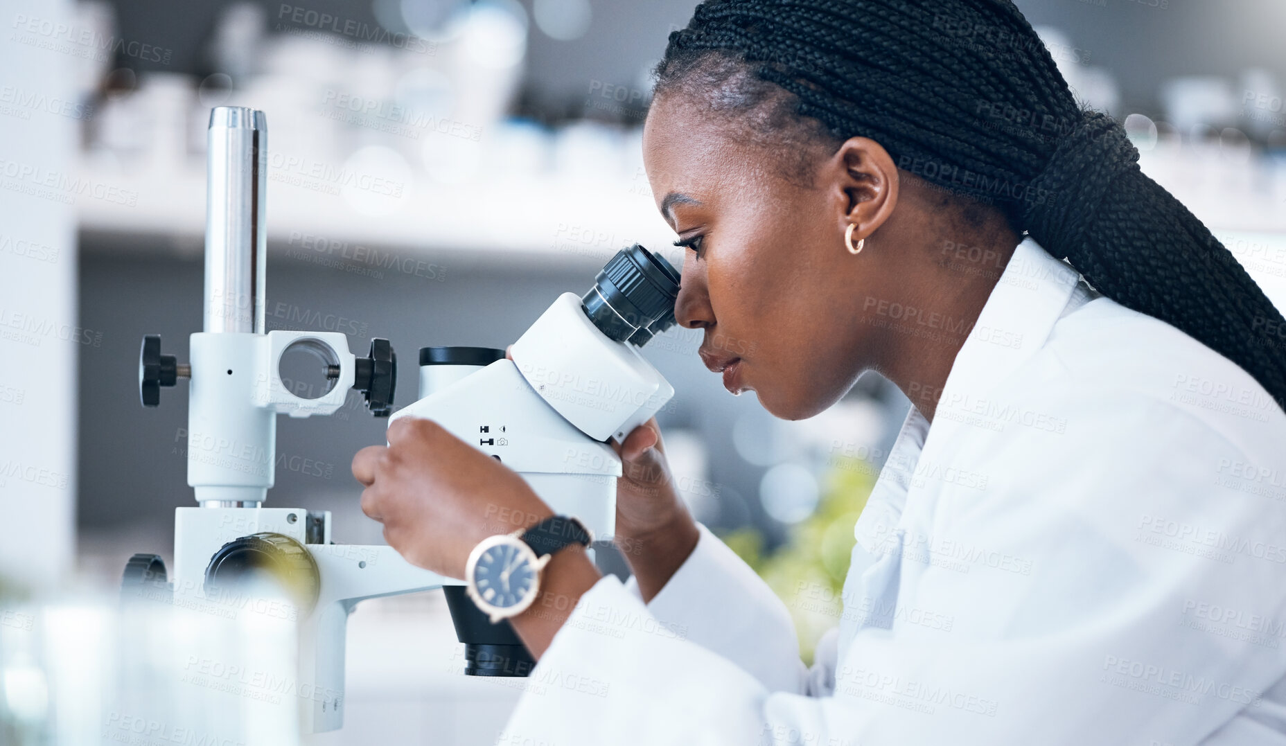 Buy stock photo Black woman, medical science and microscope in laboratory for research, analytics and medicine. Woman, doctor and scientist study at work for an investigation, healthcare and futuristic or innovation