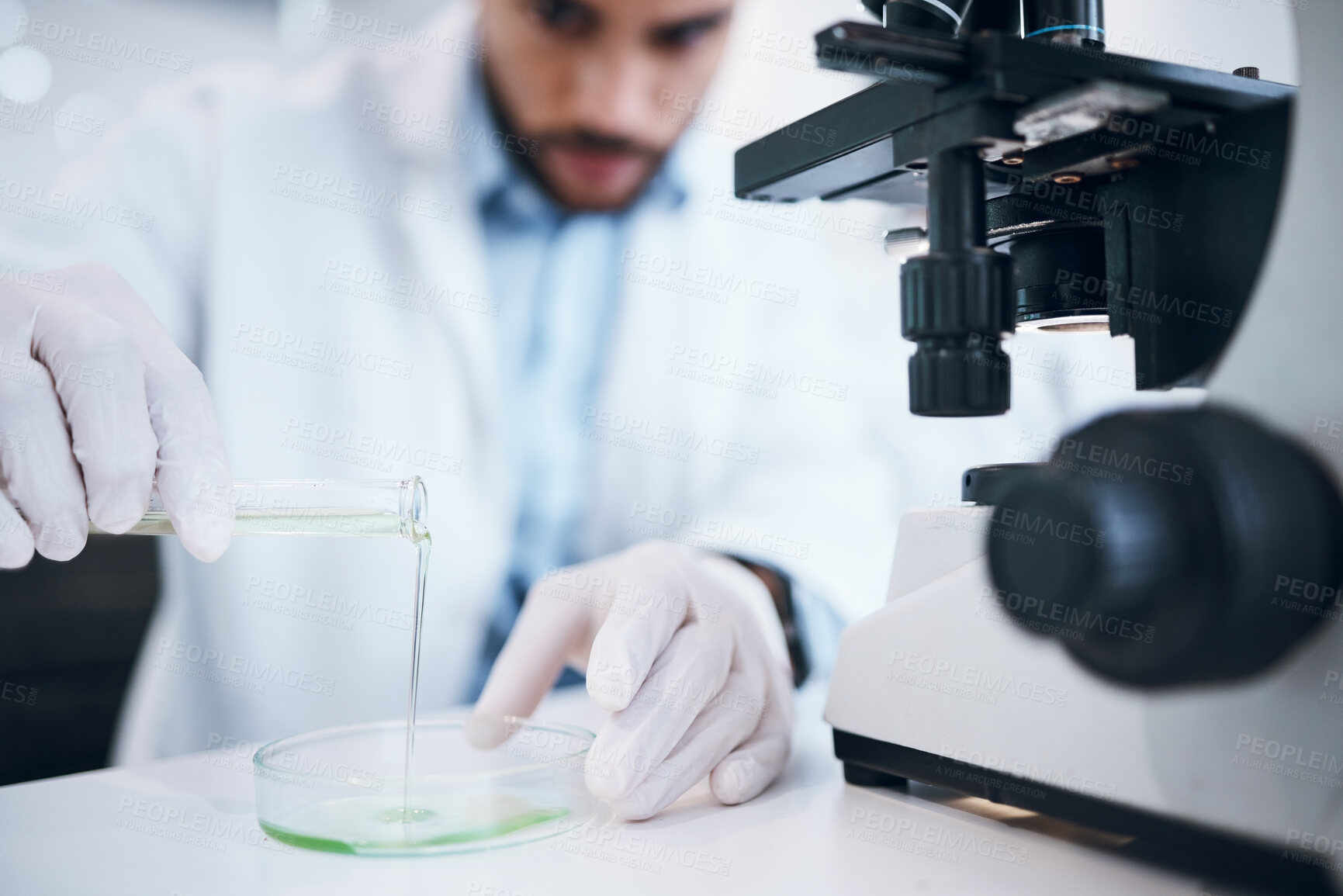 Buy stock photo Science, liquid and man with test tube in laboratory for plant research, medicine development and chemistry. Biotechnology, agriculture and scientist with pipette for experiment, study and analysis