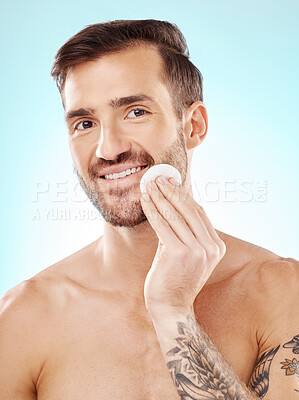 Buy stock photo Beauty, skincare and cotton with portrait of man for toner, makeup remover and hydration cosmetics. Facial, wellness and spa treatment with model and cleaning face for self care, glow and dermatology