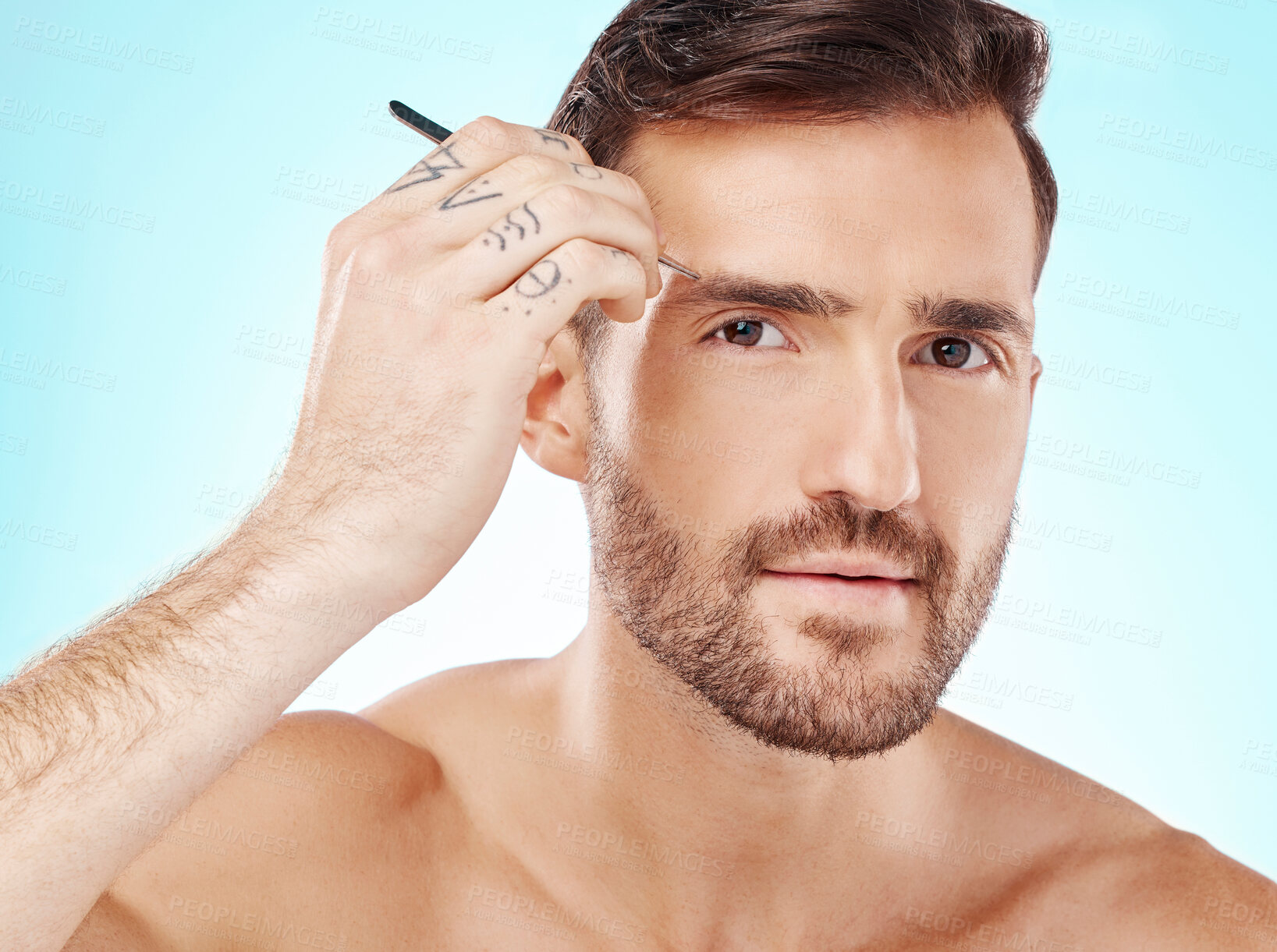 Buy stock photo Grooming, eyebrows and tweezers with face of man for beauty, hygiene and hair removal. Cosmetology, treatment and facial growth with model and tool for morning routine, trimming and cleaning