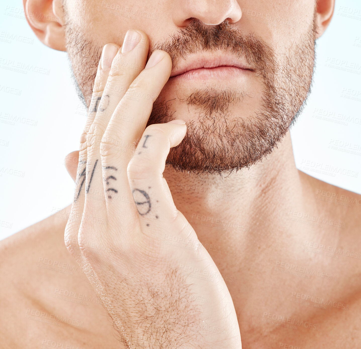 Buy stock photo Beard, zoom and hand of a man for skincare isolated on a white background in a studio. Wellness, beauty and face of a model with facial hair, cosmetic care and glow from dermatology on a backdrop