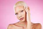 Portrait, beauty and makeup with a black woman in studio on a pink background for edgy cosmetics. Face, skincare or natural with a unique and attractve young female model indoor for cosmetic care