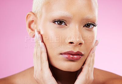 Buy stock photo Portrait, beauty and natural with a model black woman in studio on a pink background for edgy cosmetics. Face, skincare or makeup with a unique and attractve young female indoor for cosmetic care