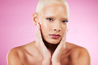 Buy stock photo Portrait, skin and makeup with a model black woman in studio on a pink background for edgy cosmetics. Face, skincare or natural with a unique and attractve young female indoor for cosmetic care