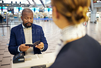 Buy stock photo Black man, airport and passport document for woman at concierge help desk, lobby and identity for travel. African businessman, documents and immigration at inspection for international transportation