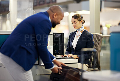Buy stock photo Travel, check in and airport with people at desk for registration, ticket and passport paperwork. Security, booking and identity with passenger and service agent for documents, airline and safety