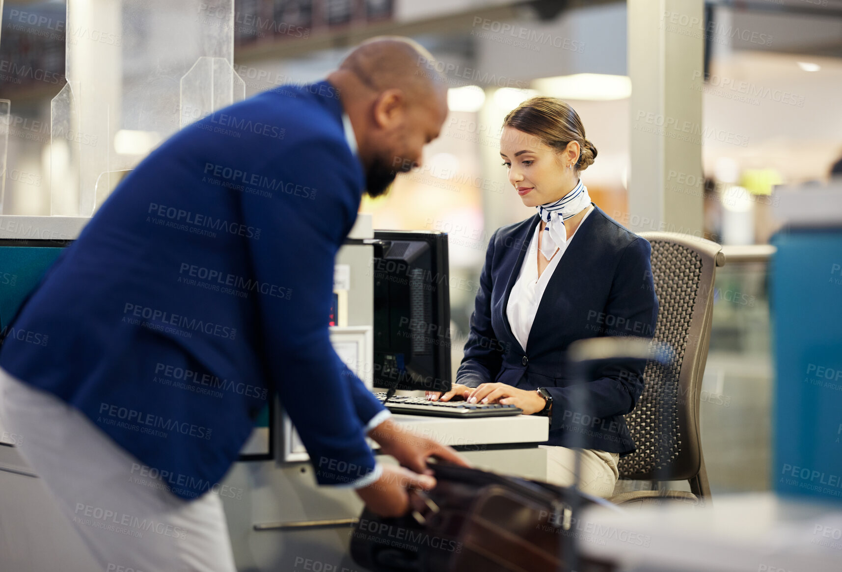 Buy stock photo Travel, check in and airport with people at desk for registration, ticket and passport paperwork. Security, booking and identity with passenger and service agent for documents, airline and safety