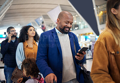 Buy stock photo Travel, queue and phone with black man in airport for flight, vacation and immigration. Happy, communication and technology with businessman in line with luggage for trip, holiday and first class