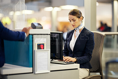 Buy stock photo Airport, check in desk and woman typing for security, identity and travel documents for border immigration service. Concierge, customer service and help for global transportation with pc on table