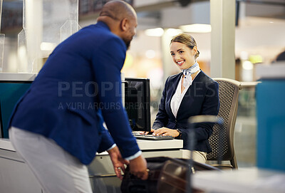 Buy stock photo Black man, airport reception and security check with woman, concierge and help desk in lobby with luggage. African businessman, travel and immigration at inspection for international transportation