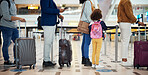 Airport queue, travel and people for international vacation, holiday or immigration with suitcase and kid. Group of women, men and child with luggage waiting or booking flight, schedule or time delay