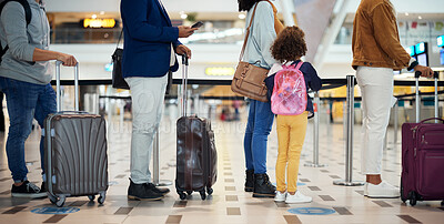Buy stock photo Airport queue, travel and people for international vacation, holiday or immigration with suitcase and kid. Group of women, men and child with luggage waiting or booking flight, schedule or time delay