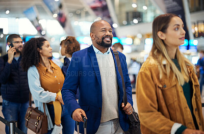 Buy stock photo Travel, queue and smile with black man in airport for flight, vacation and immigration. Happy, international and customs with businessman in line with luggage for trip, holiday and first class