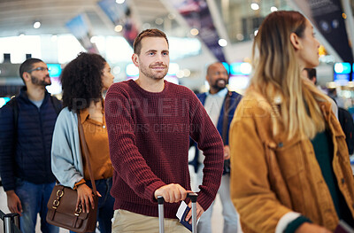 Buy stock photo Travel, queue and smile with man in airport for vacation, international trip and tourism. Holiday, luggage and customs with passenger in line for ticket, departure and flight transportation 