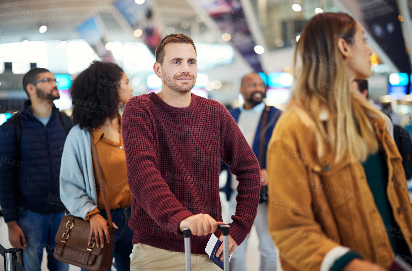 Buy stock photo Travel, queue and smile with man in airport for vacation, international trip and tourism. Holiday, luggage and customs with passenger in line for ticket, departure and flight transportation 