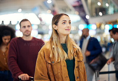 Buy stock photo Travel, queue and wait with woman in airport for vacation, international trip and tourism. Holiday, luggage and customs with passenger in line for airline ticket, departure and flight transportation 