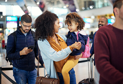 Buy stock photo Airport line, mother and girl at international flight check for plane board or airplane ticket payment. Happy mom, child and family waiting at gate for air travel and security before transport