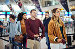 Travel, queue and wait with man in airport for vacation, international trip and tourism. Holiday, luggage and customs with passenger in line for airline ticket, departure and flight transportation 