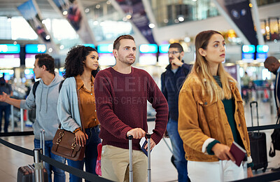 Buy stock photo Travel, queue and wait with man in airport for vacation, international trip and tourism. Holiday, luggage and customs with passenger in line for airline ticket, departure and flight transportation 