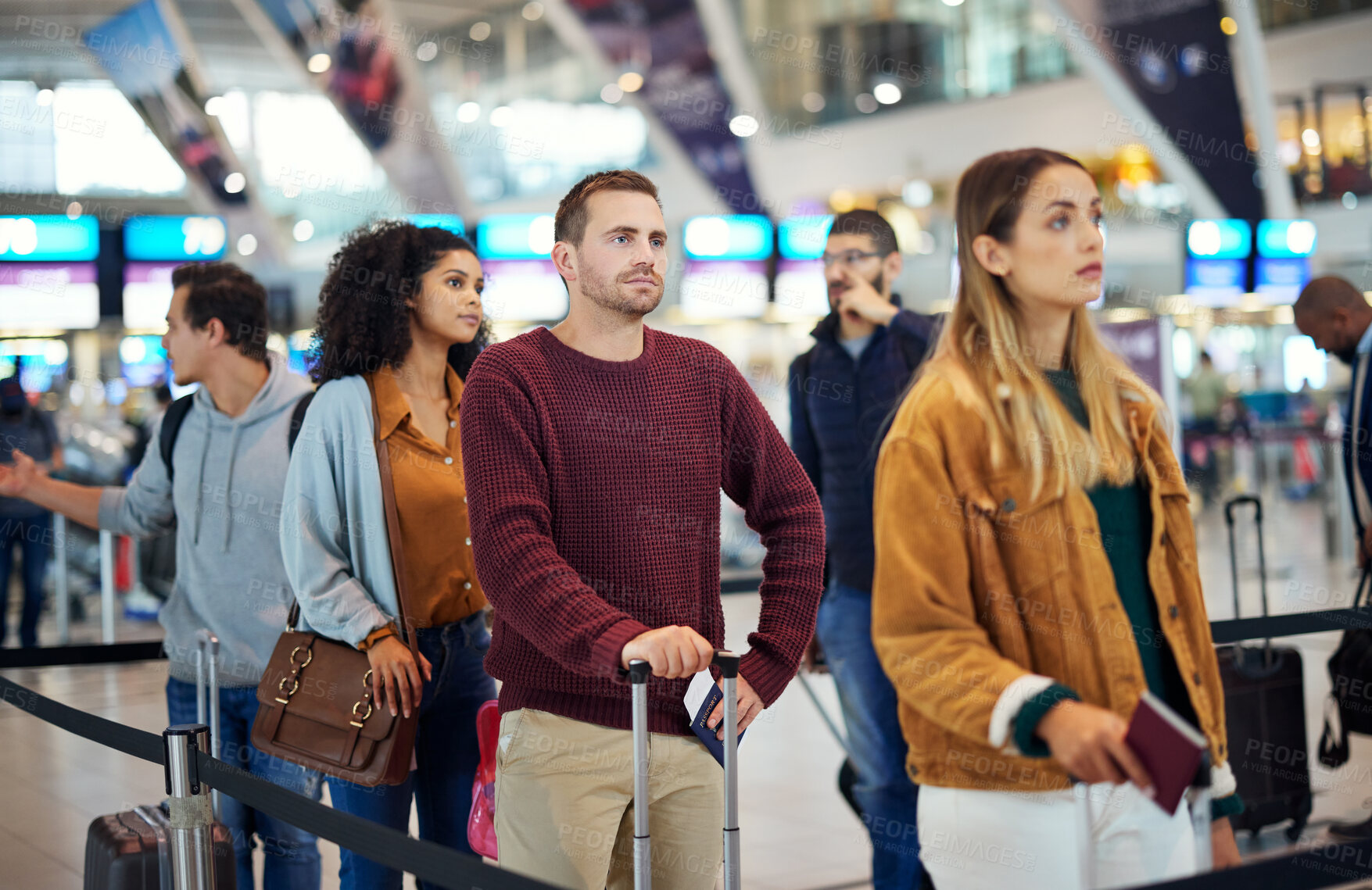 Buy stock photo Travel, queue and wait with man in airport for vacation, international trip and tourism. Holiday, luggage and customs with passenger in line for airline ticket, departure and flight transportation 