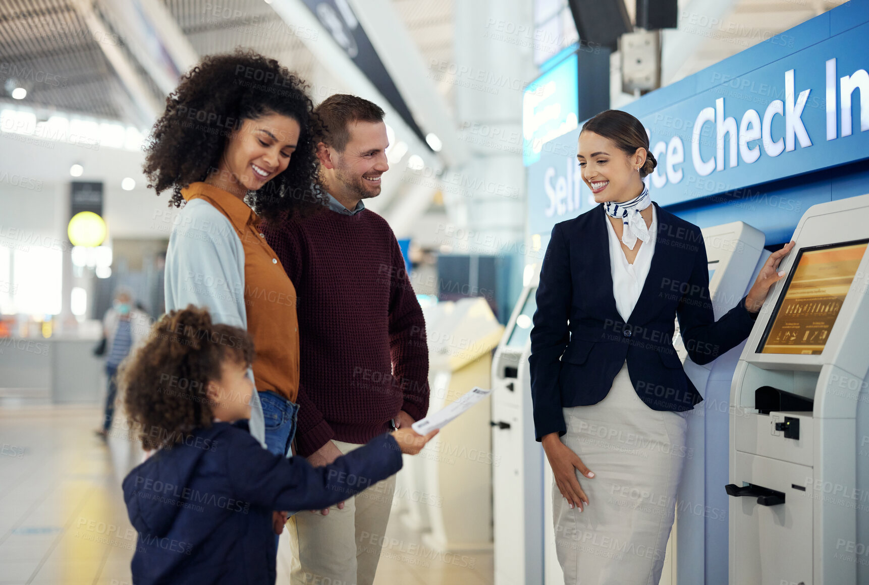 Buy stock photo Woman, services agent and family at airport by self service check in station for information, help or FAQ. Happy female passenger assistant helping travelers register or book airline flight ticket