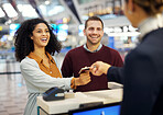 Couple, airport reception and security check with black woman, concierge help desk and identity for travel. Man, women and documents for immigration, inspection or international transport for holiday