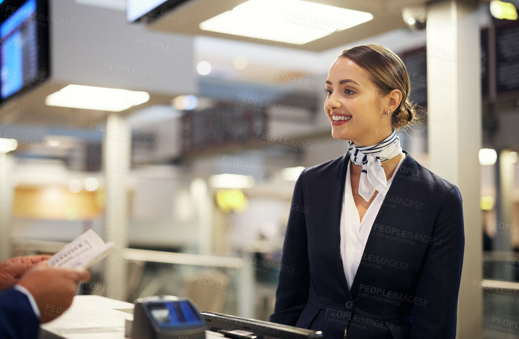 Buy stock photo Airport, help desk and woman with customer services, ticket booking and schedule with client communication. Young travel agent talking to person for flight information, documentation and support