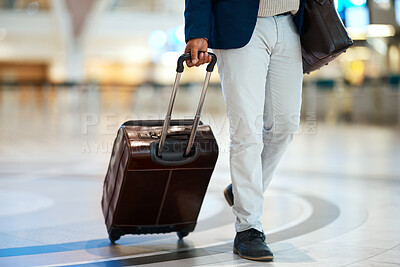 Buy stock photo Airport, suitcase and black man travel for business opportunity, international career and immigration. Professional person or entrepreneur legs walking with luggage for flight, wealth and global job
