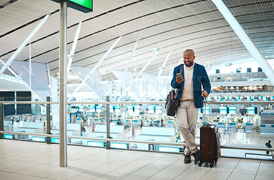 Buy stock photo Black man standing in airport, smile and phone with online flight schedule or visa application for business trip. Global travel, technology and happy businessman checking international destination.