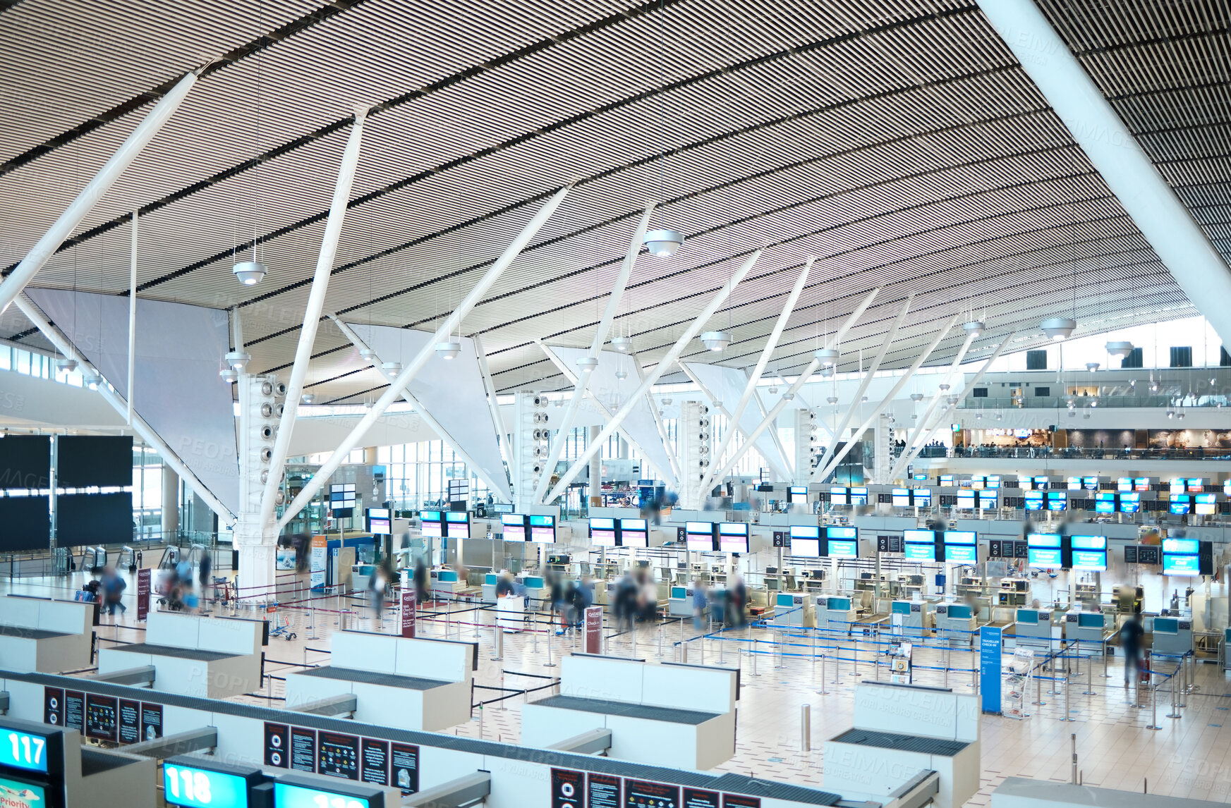 Buy stock photo Airport, travel and arrival or departure in a terminal with a boarding gate for global or international traveling. Building, interior and architecture in an empty terminus for business or tourism 