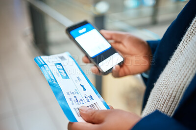 Buy stock photo Plane ticket, online check and black man hands holding airplane documents and phone for flight. Digital app, networking and airport document for travel schedule with male holding barcode information