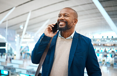Buy stock photo Black man, airport and business call with a smile ready for plane travel and global work. Mobile connection, happiness and businessman with luggage for plane and executive networking on cellphone