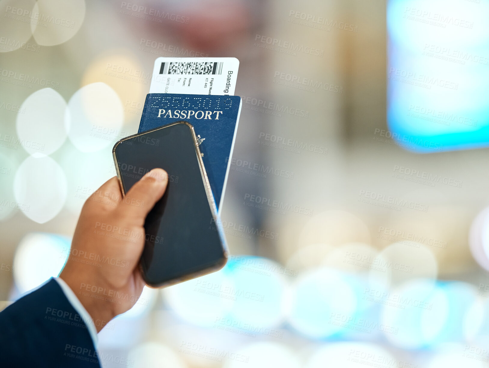 Buy stock photo Airport, passport and ticket in hand with phone for online booking, travel and immigration registration on bokeh. Smartphone screen, mockup and identity document of man or person with flight payment