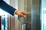 Elevator button, business man hand and office building lift for corporate finance company. Businessman, financial worker and ceo pressing down or up with hands to start working on accounting floor
