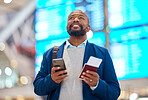 Airport, passport and black man with phone for ticket booking, schedule and flight information of business travel. Happy person thinking of airline journey with identity document and smartphone app