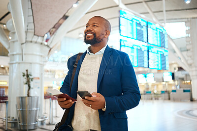 Buy stock photo Black man with phone, ticket and passport at airport checking flight schedule online and walking in terminal. Smile, travel app and happy businessman on business trip to international destination.