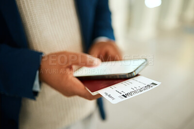 Buy stock photo Phone, airport ticket and man hands for online booking, fintech and digital payment notification. Mobile app, screen mockup and person typing flight information with passport and identity document