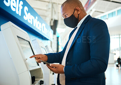 Buy stock photo Covid, travel and self service phone with black man in airport for online booking, ticket or technology. Vacation, business trip and kiosk with passenger typing for flight, airline and check in