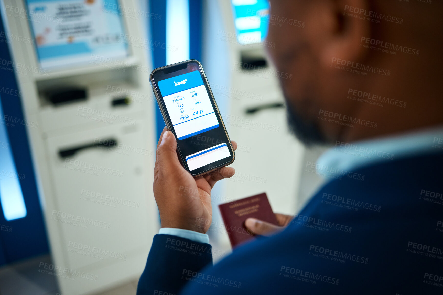 Buy stock photo Airport, phone screen and hands for booking online ticket, schedule information and travel time on fintech. Date, website flight registration and business black man on e commerce, mobile app ux or ui