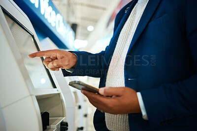 Buy stock photo Check in, booking and hands of a man with a phone for travel, ticket and flight information. Reservation, service and businessman typing on a machine for departure on a work trip with a mobile