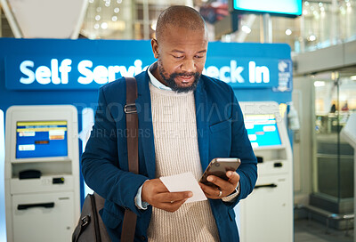 Buy stock photo Black man, plane ticket self check in and phone app with international airport information for travel. Flight data, businessman and luggage of a African employee reading mobile info for airplane