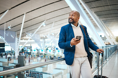 Buy stock photo Black man waiting in airport with phone, smile and luggage in terminal for business trip. Technology, travel and happy businessman with international destination checking flight schedule app online.
