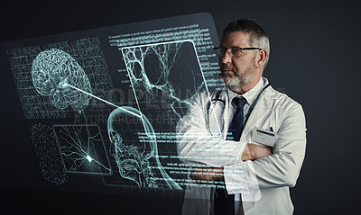 Buy stock photo Brain, neurology or doctor with 3d holographic scan of human anatomy research in hospital clinic. Data analysis, man or medical healthcare worker thinking of innovation to help science development